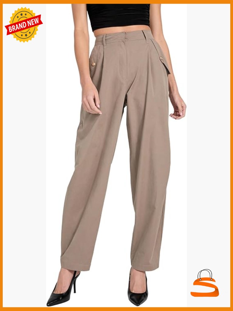 High-Waisted Pleated Wide Leg Trousers With Pockets Relaxed Fit